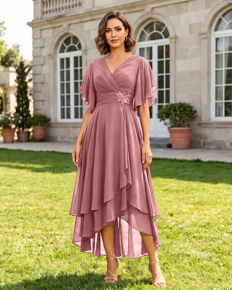 V Neck Short Sleeve High Low Midi Chiffon Bridesmaid Dress