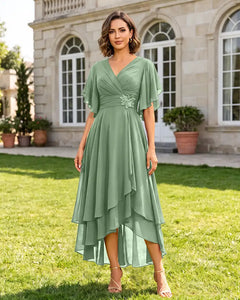 V Neck Short Sleeve High Low Midi Chiffon Bridesmaid Dress
