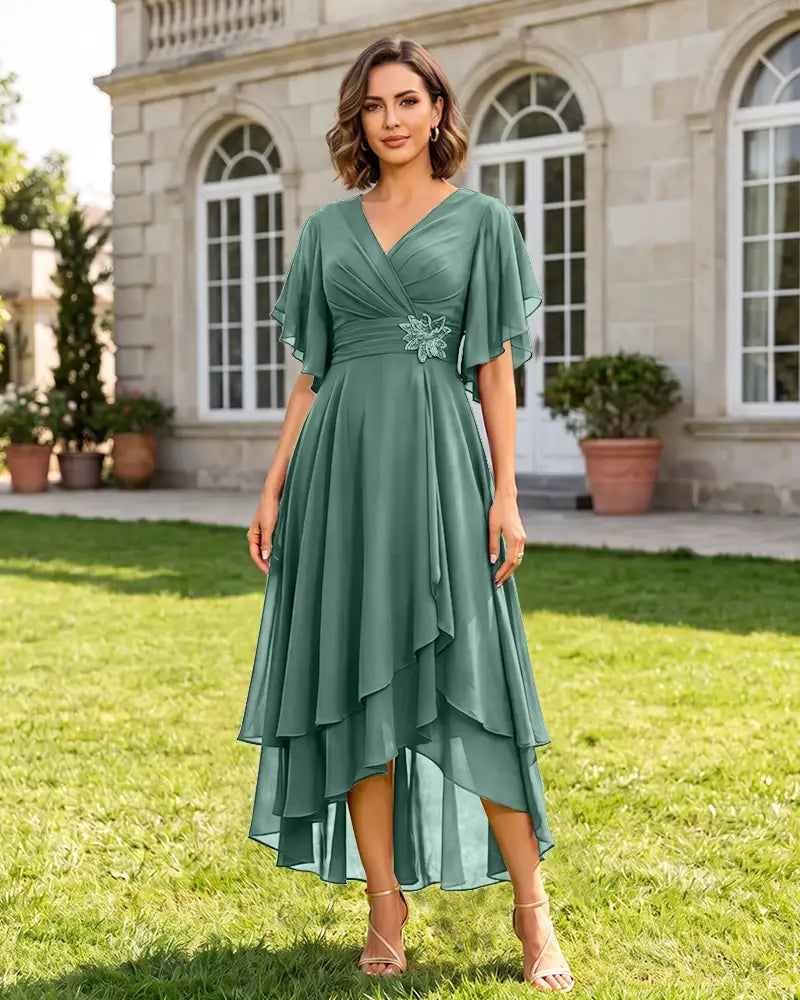 V Neck Short Sleeve High Low Midi Chiffon Bridesmaid Dress
