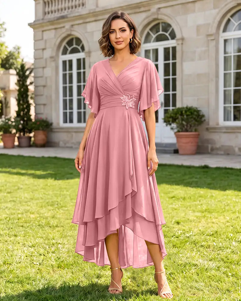 V Neck Short Sleeve High Low Midi Chiffon Bridesmaid Dress
