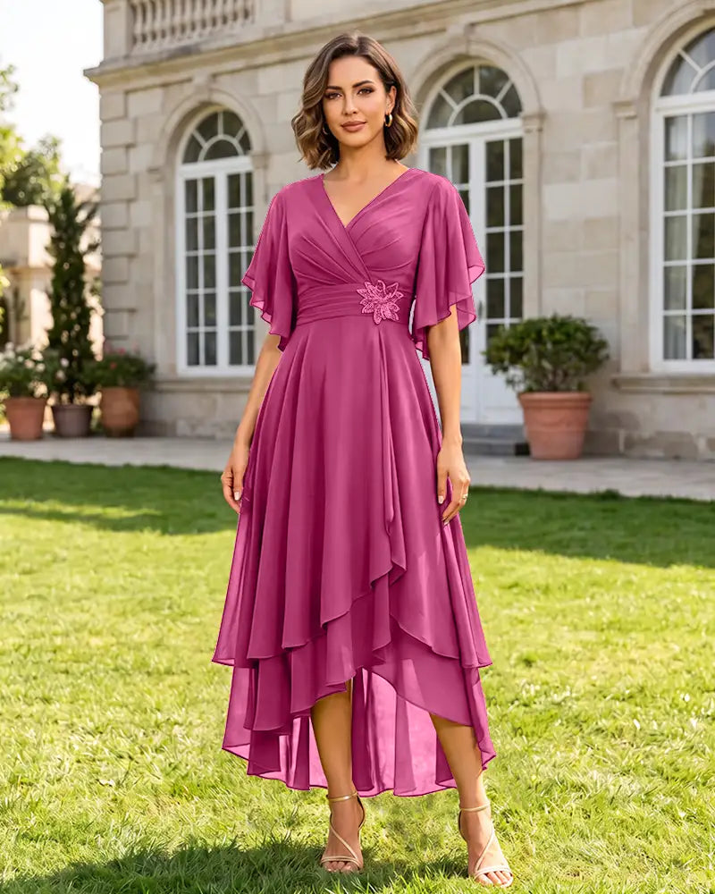 V Neck Short Sleeve High Low Midi Chiffon Bridesmaid Dress