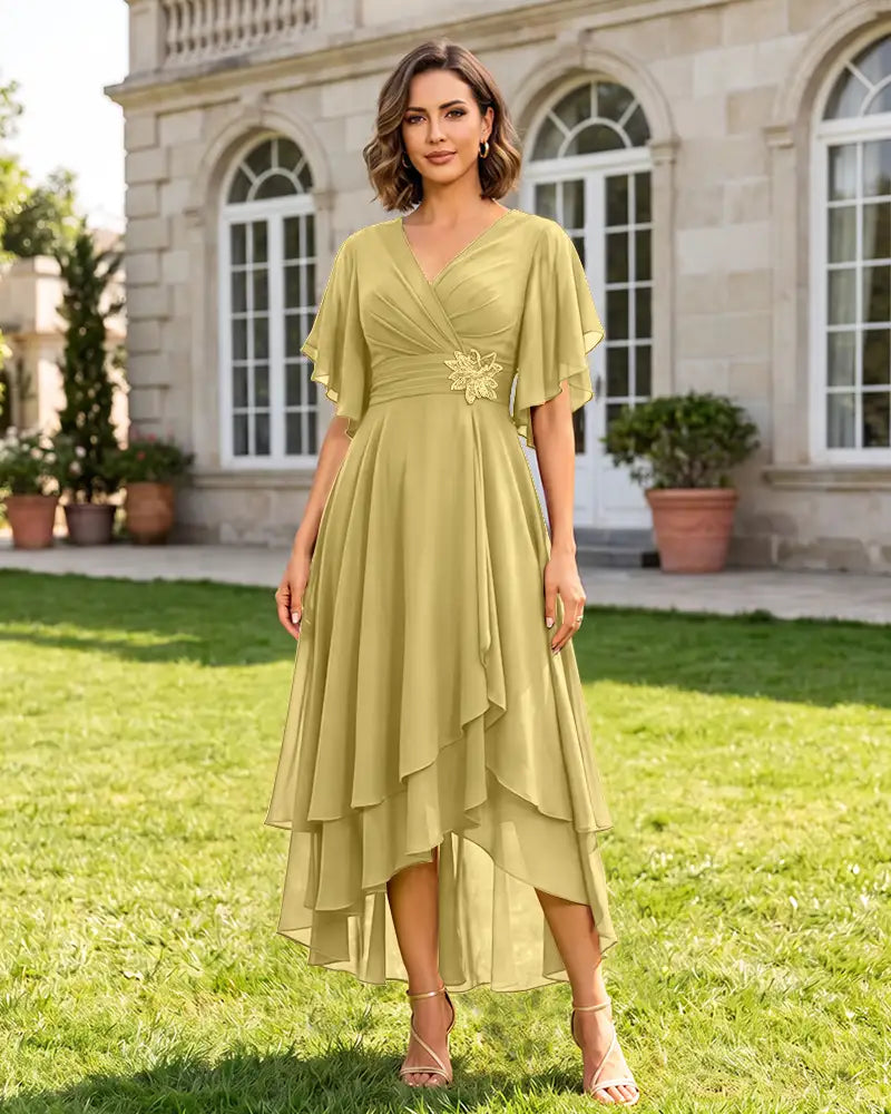 V Neck Short Sleeve High Low Midi Chiffon Bridesmaid Dress