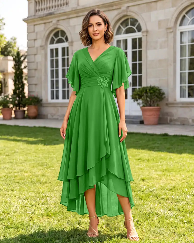 V Neck Short Sleeve High Low Midi Chiffon Bridesmaid Dress