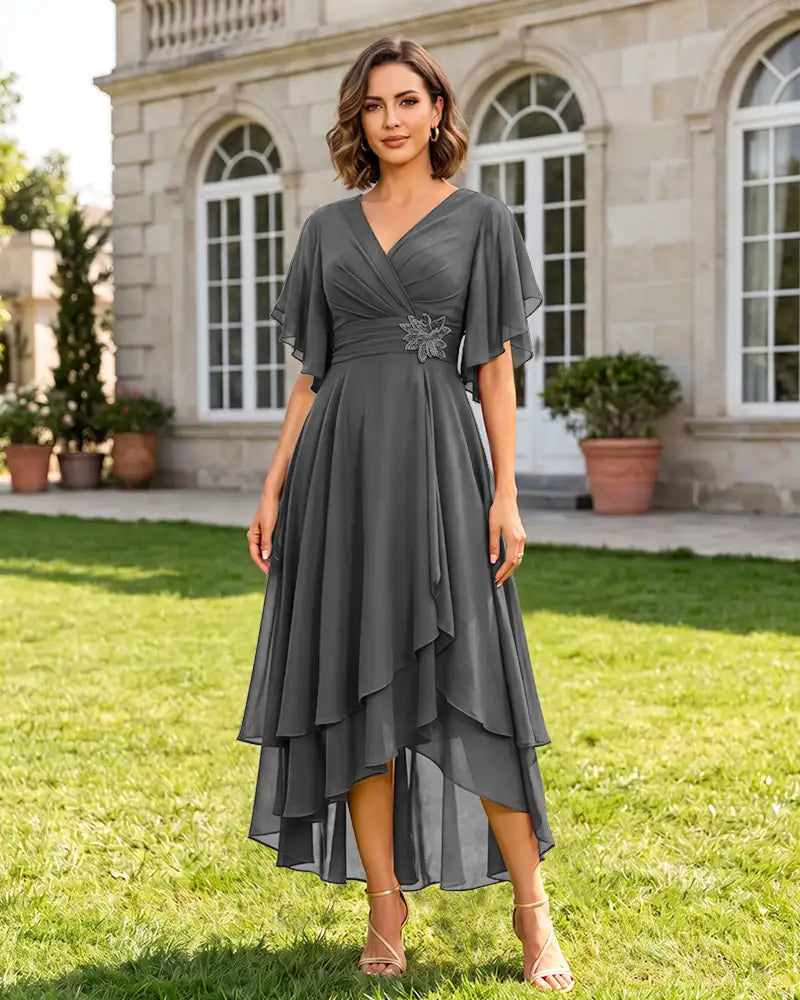 V Neck Short Sleeve High Low Midi Chiffon Bridesmaid Dress