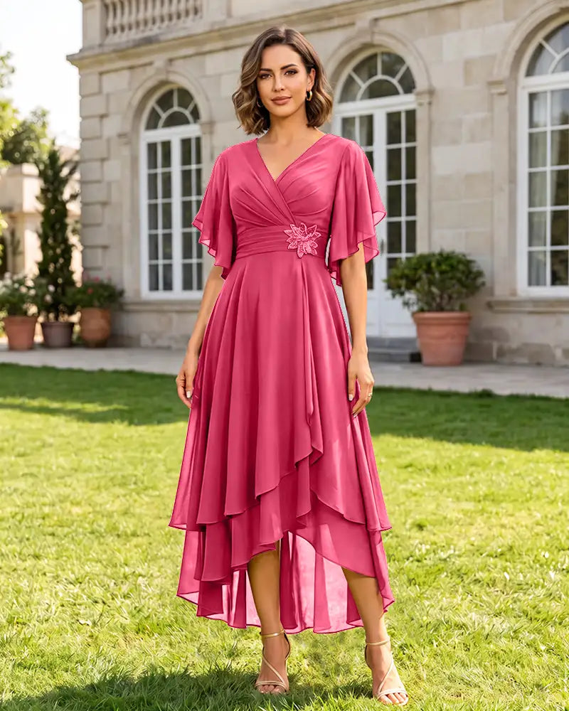 V Neck Short Sleeve High Low Midi Chiffon Bridesmaid Dress