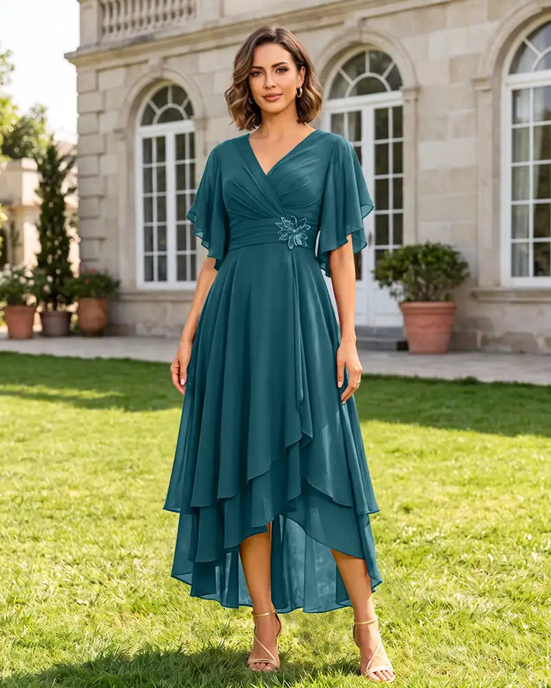 V Neck Short Sleeve High Low Midi Chiffon Bridesmaid Dress