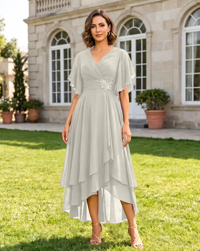 V Neck Short Sleeve High Low Midi Chiffon Bridesmaid Dress