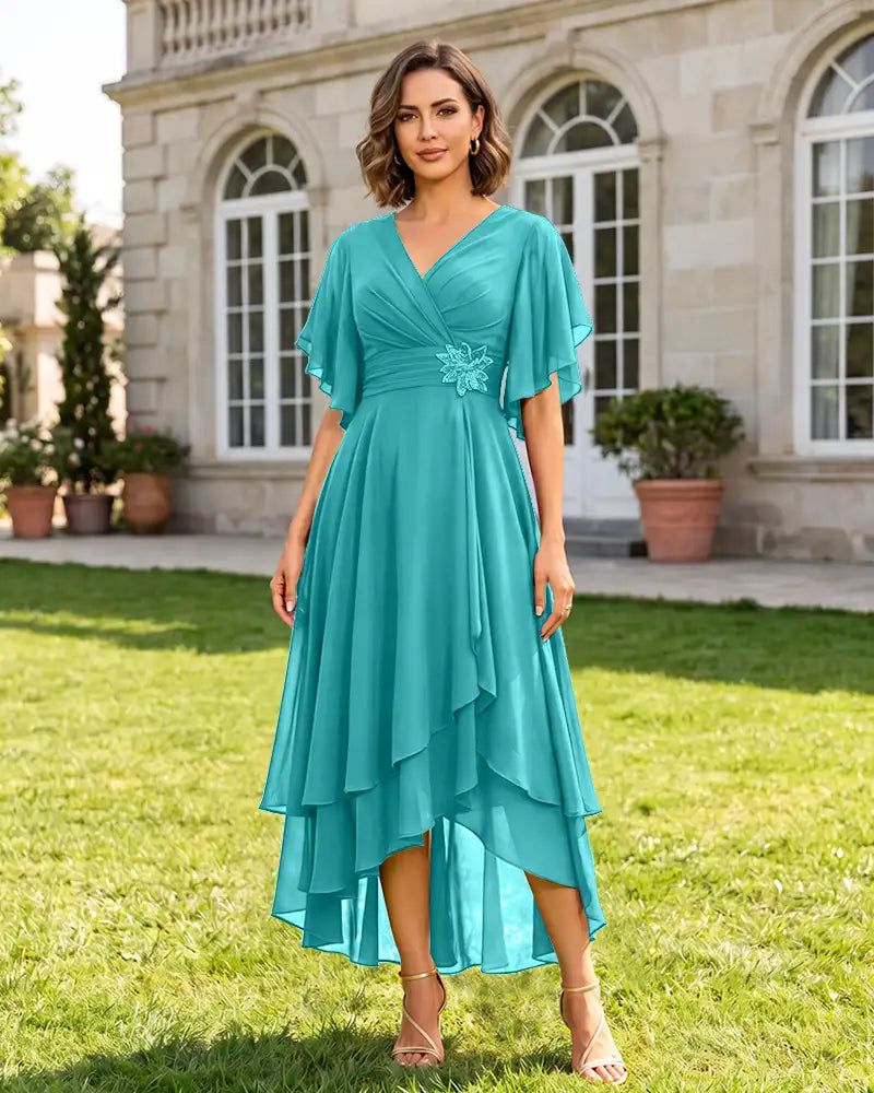 V Neck Short Sleeve High Low Midi Chiffon Bridesmaid Dress