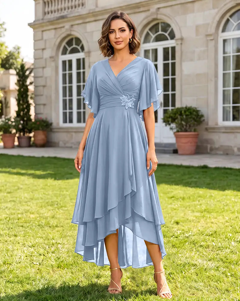 V Neck Short Sleeve High Low Midi Chiffon Bridesmaid Dress