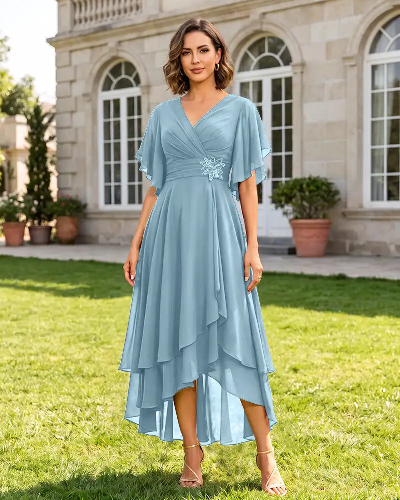V Neck Short Sleeve High Low Midi Chiffon Bridesmaid Dress