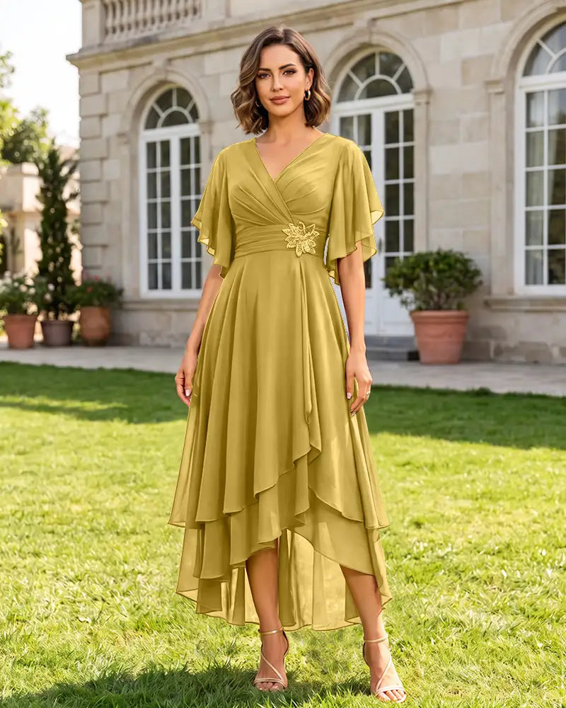 V Neck Short Sleeve High Low Midi Chiffon Bridesmaid Dress