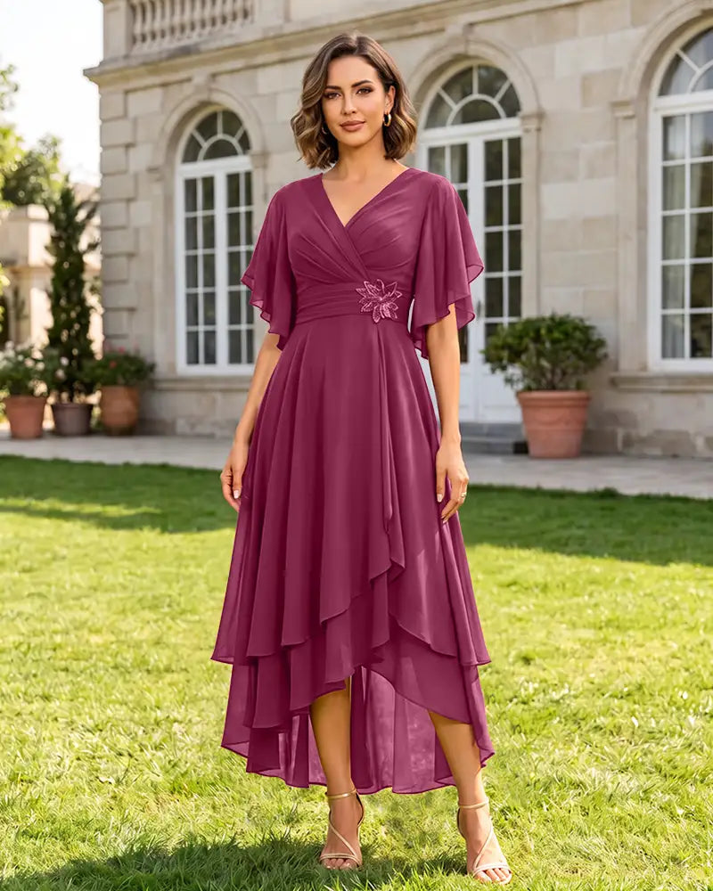 V Neck Short Sleeve High Low Midi Chiffon Bridesmaid Dress