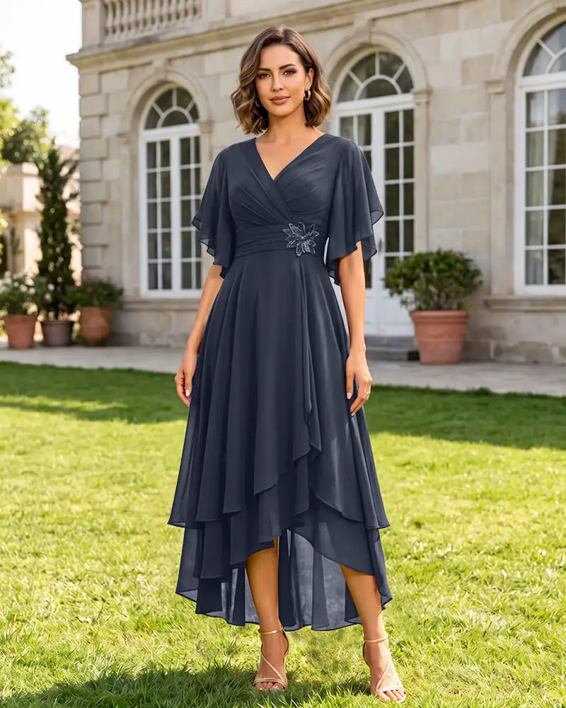 V Neck Short Sleeve High Low Midi Chiffon Bridesmaid Dress