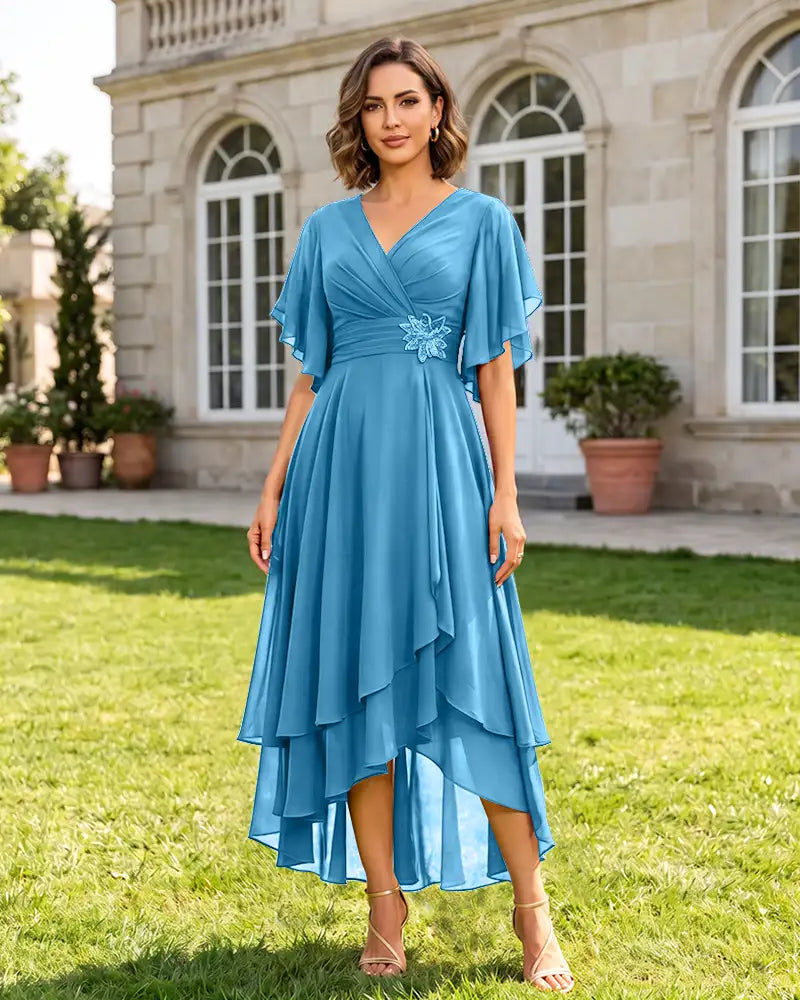 V Neck Short Sleeve High Low Midi Chiffon Bridesmaid Dress
