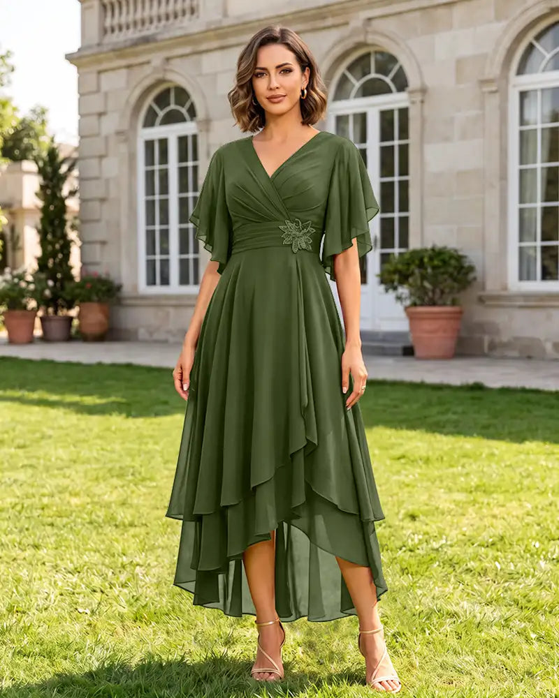 V Neck Short Sleeve High Low Midi Chiffon Bridesmaid Dress