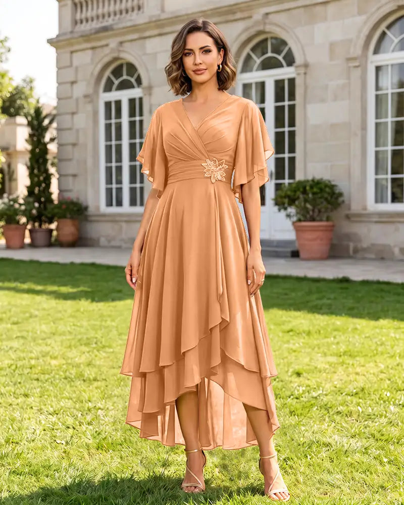 V Neck Short Sleeve High Low Midi Chiffon Bridesmaid Dress