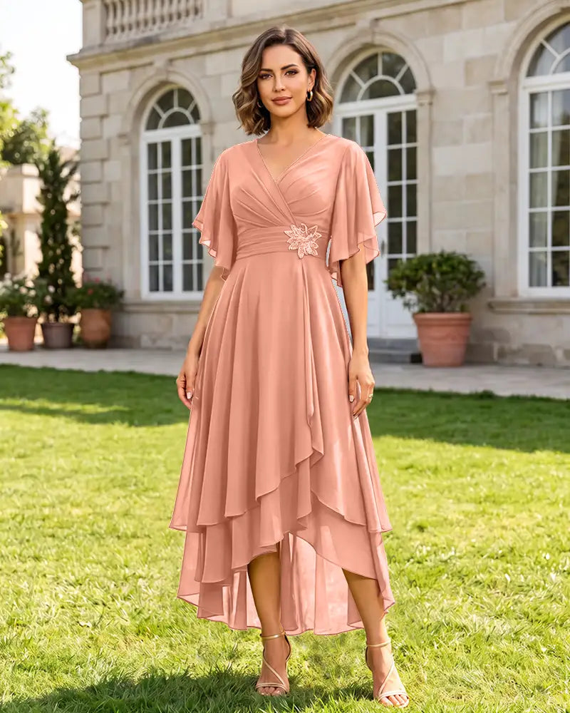 V Neck Short Sleeve High Low Midi Chiffon Bridesmaid Dress