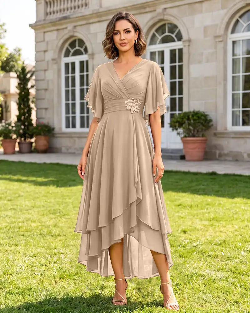 V Neck Short Sleeve High Low Midi Chiffon Bridesmaid Dress