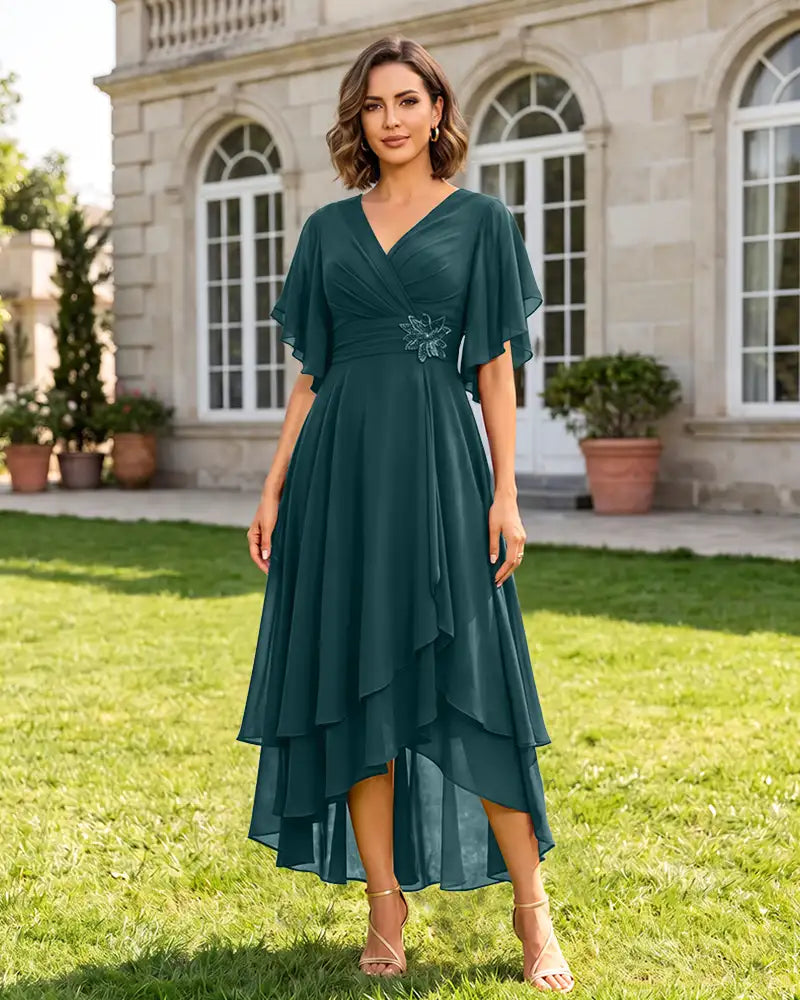 V Neck Short Sleeve High Low Midi Chiffon Bridesmaid Dress