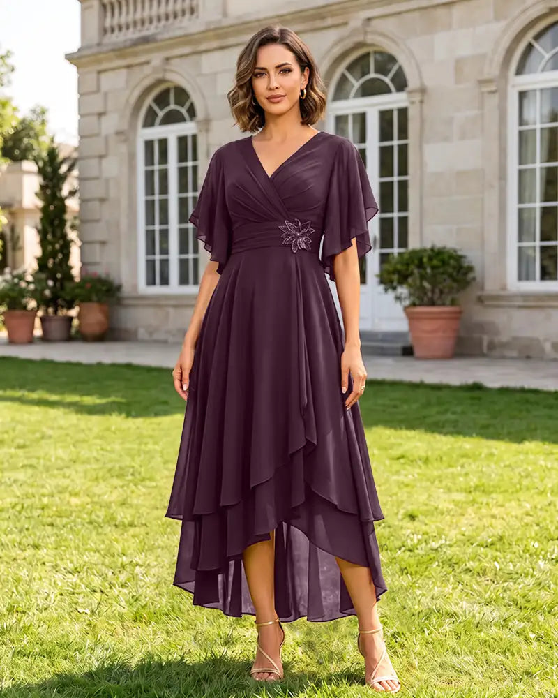 V Neck Short Sleeve High Low Midi Chiffon Bridesmaid Dress