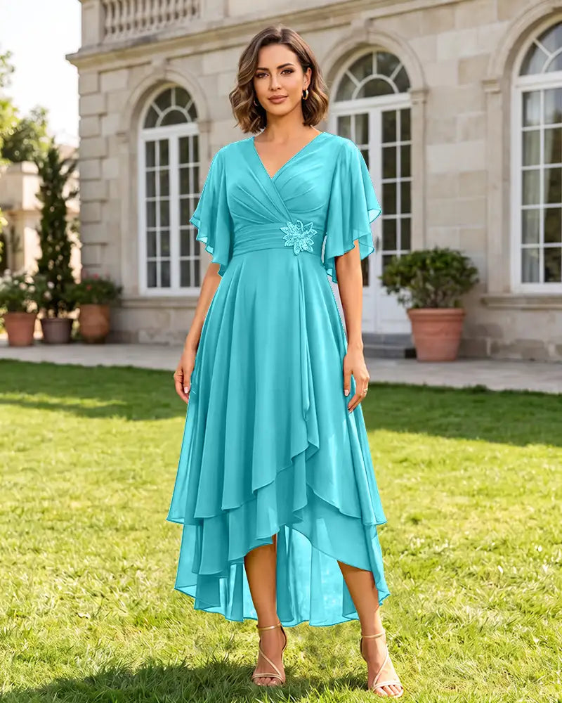 V Neck Short Sleeve High Low Midi Chiffon Bridesmaid Dress