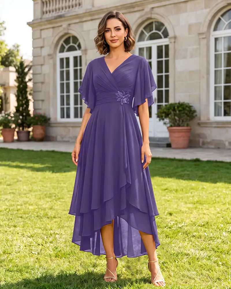 V Neck Short Sleeve High Low Midi Chiffon Bridesmaid Dress