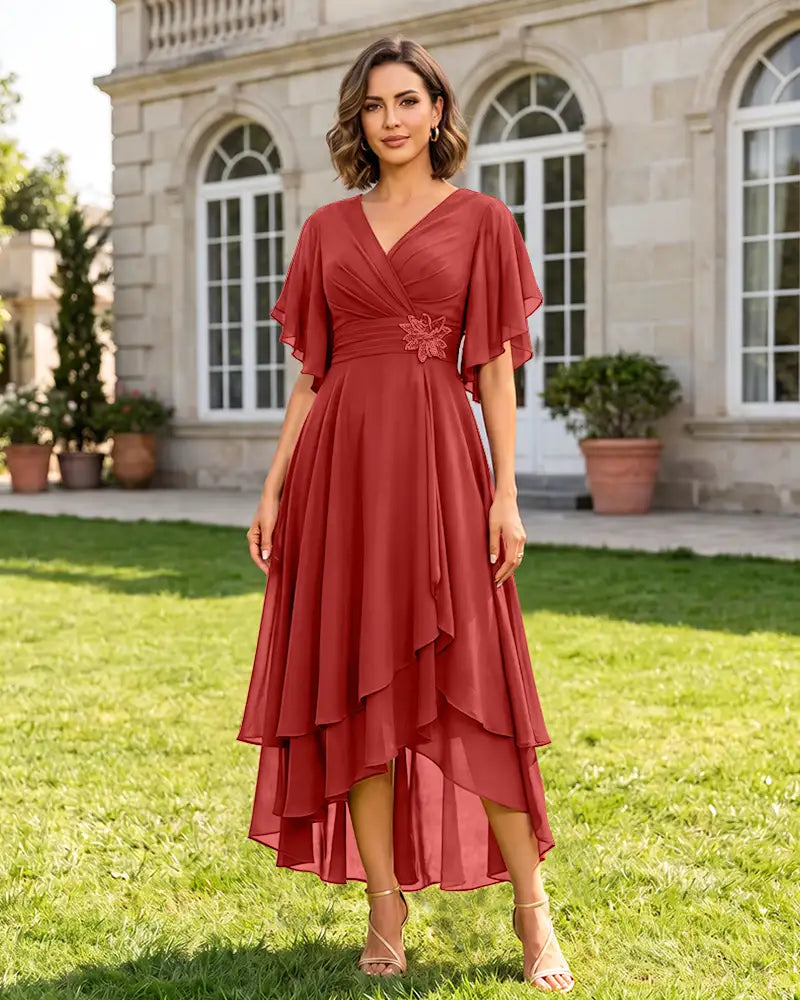 V Neck Short Sleeve High Low Midi Chiffon Bridesmaid Dress
