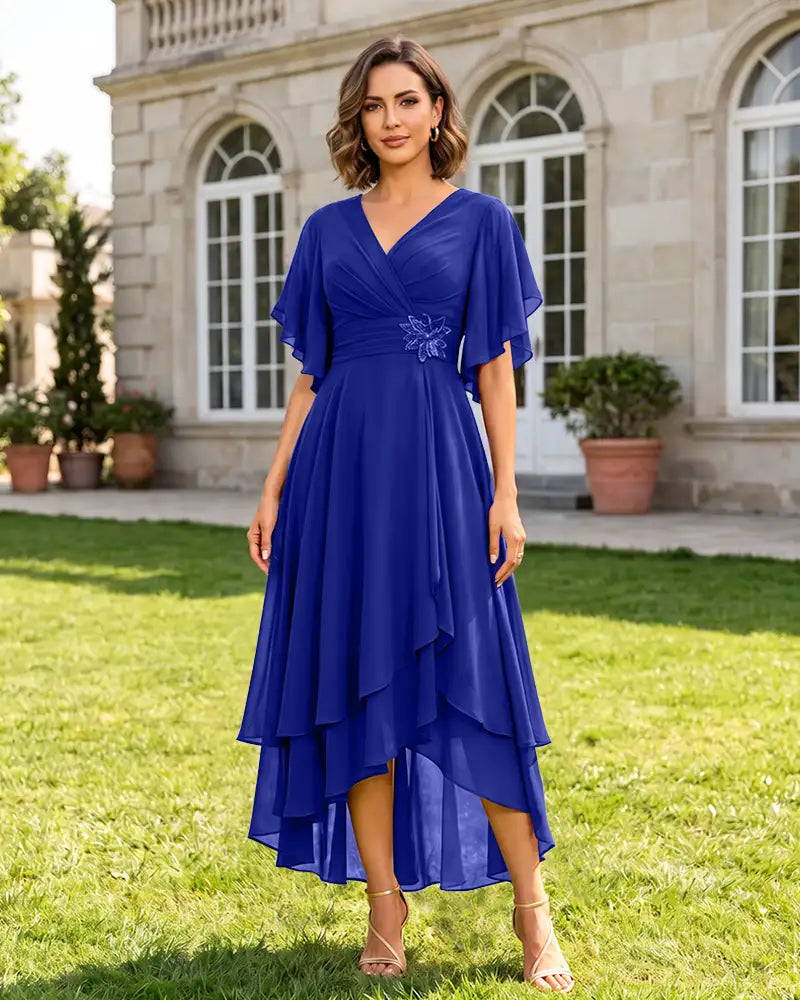 V Neck Short Sleeve High Low Midi Chiffon Bridesmaid Dress