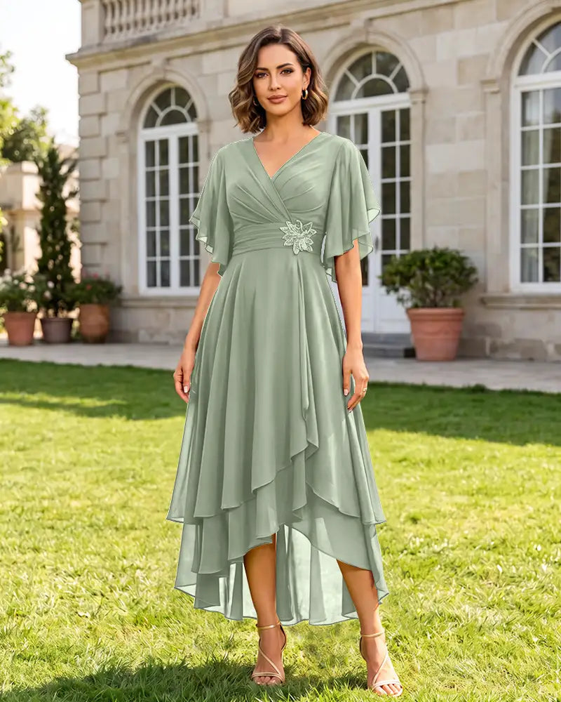 V Neck Short Sleeve High Low Midi Chiffon Bridesmaid Dress