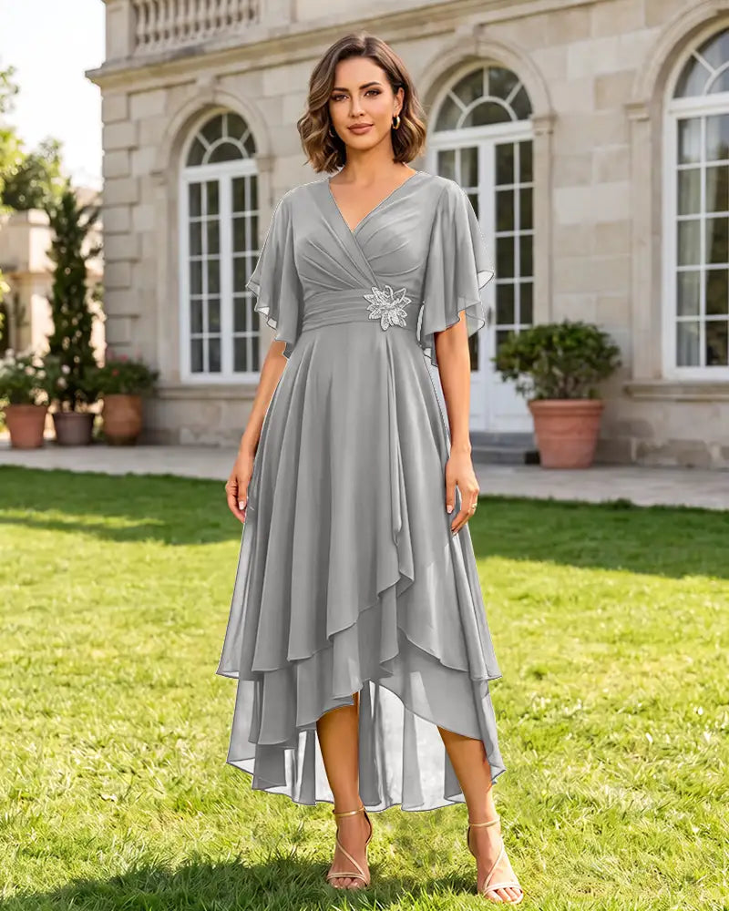 V Neck Short Sleeve High Low Midi Chiffon Bridesmaid Dress