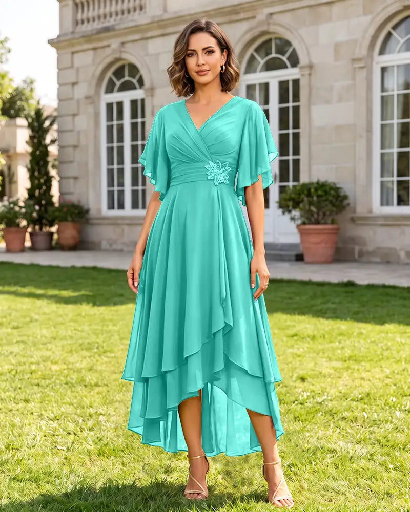 V Neck Short Sleeve High Low Midi Chiffon Bridesmaid Dress