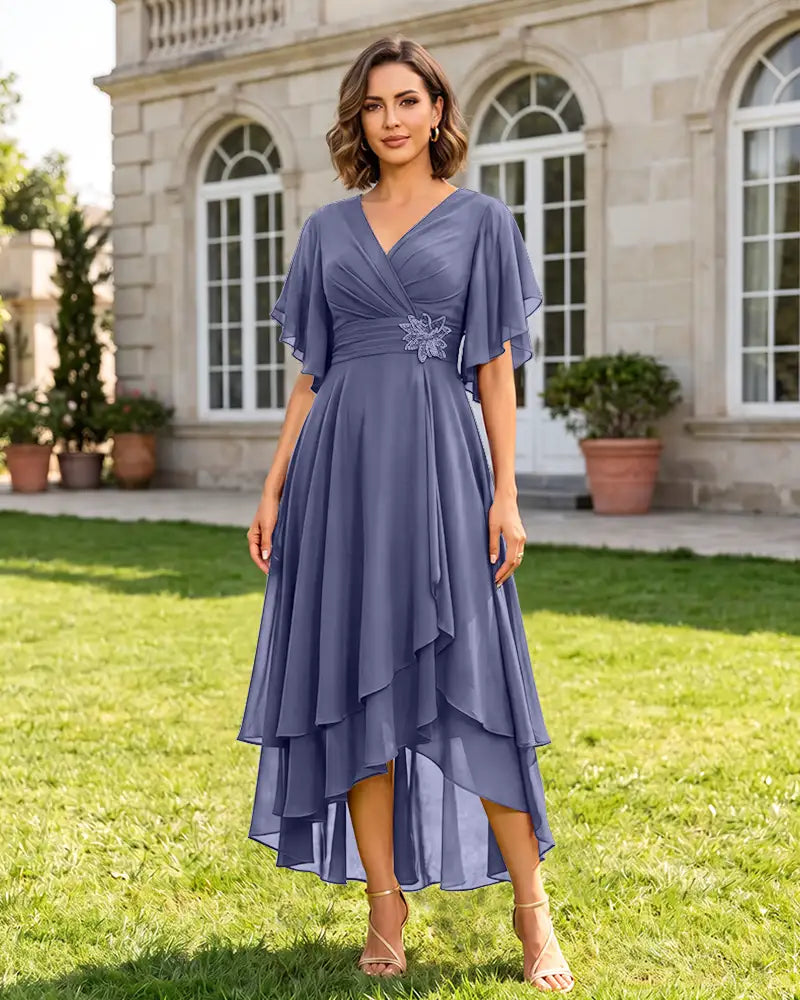 V Neck Short Sleeve High Low Midi Chiffon Bridesmaid Dress