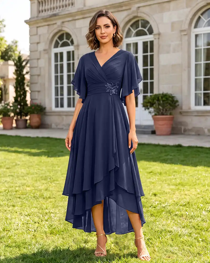 V Neck Short Sleeve High Low Midi Chiffon Bridesmaid Dress