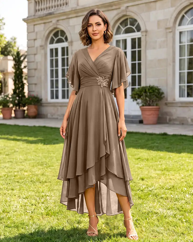 V Neck Short Sleeve High Low Midi Chiffon Bridesmaid Dress
