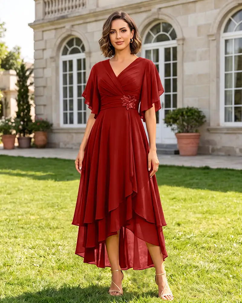 V Neck Short Sleeve High Low Midi Chiffon Bridesmaid Dress
