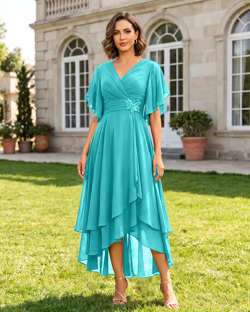 V Neck Short Sleeve High Low Midi Chiffon Bridesmaid Dress
