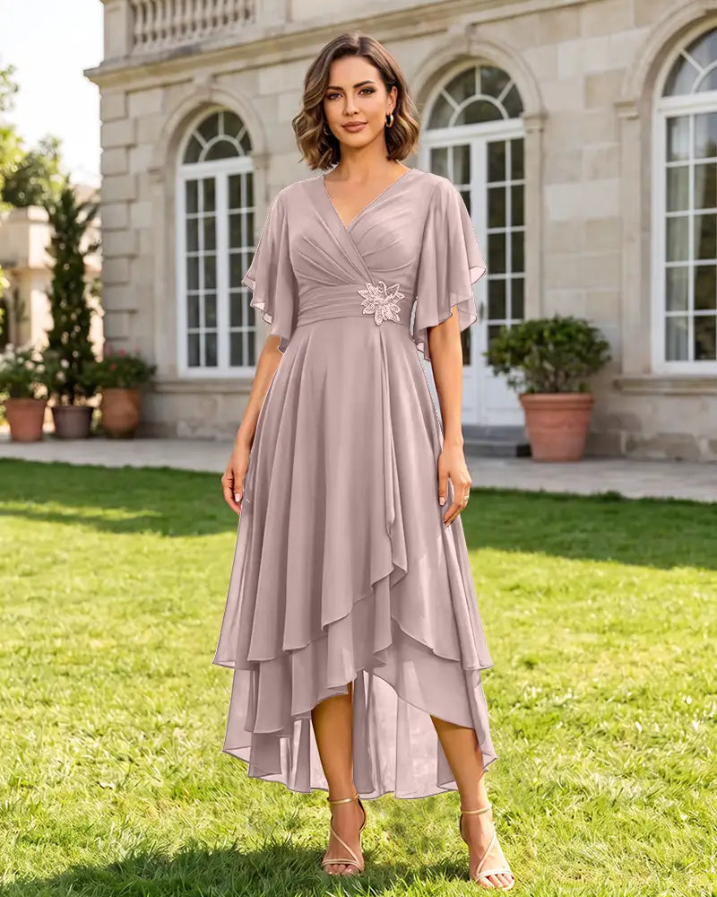 V Neck Short Sleeve High Low Midi Chiffon Bridesmaid Dress