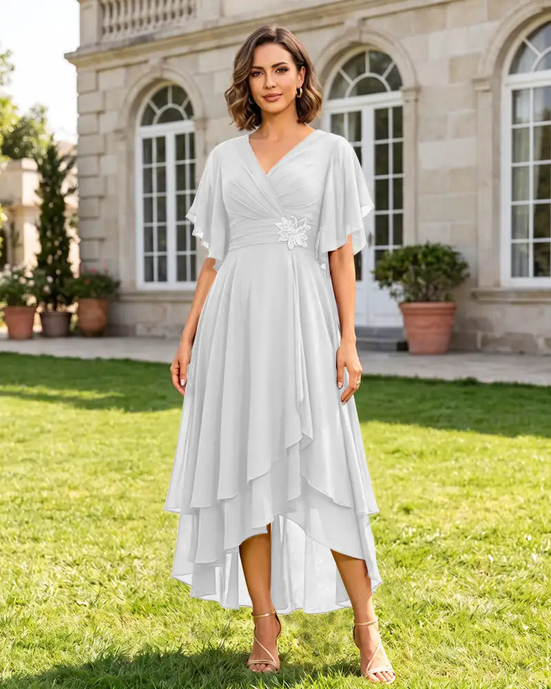 V Neck Short Sleeve High Low Midi Chiffon Bridesmaid Dress