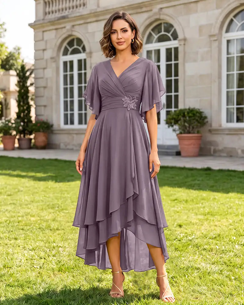 V Neck Short Sleeve High Low Midi Chiffon Bridesmaid Dress
