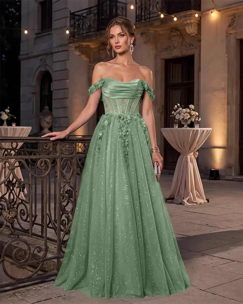 Glitter 3D Floral Off Shoulder Corset Tulle Evening Dress