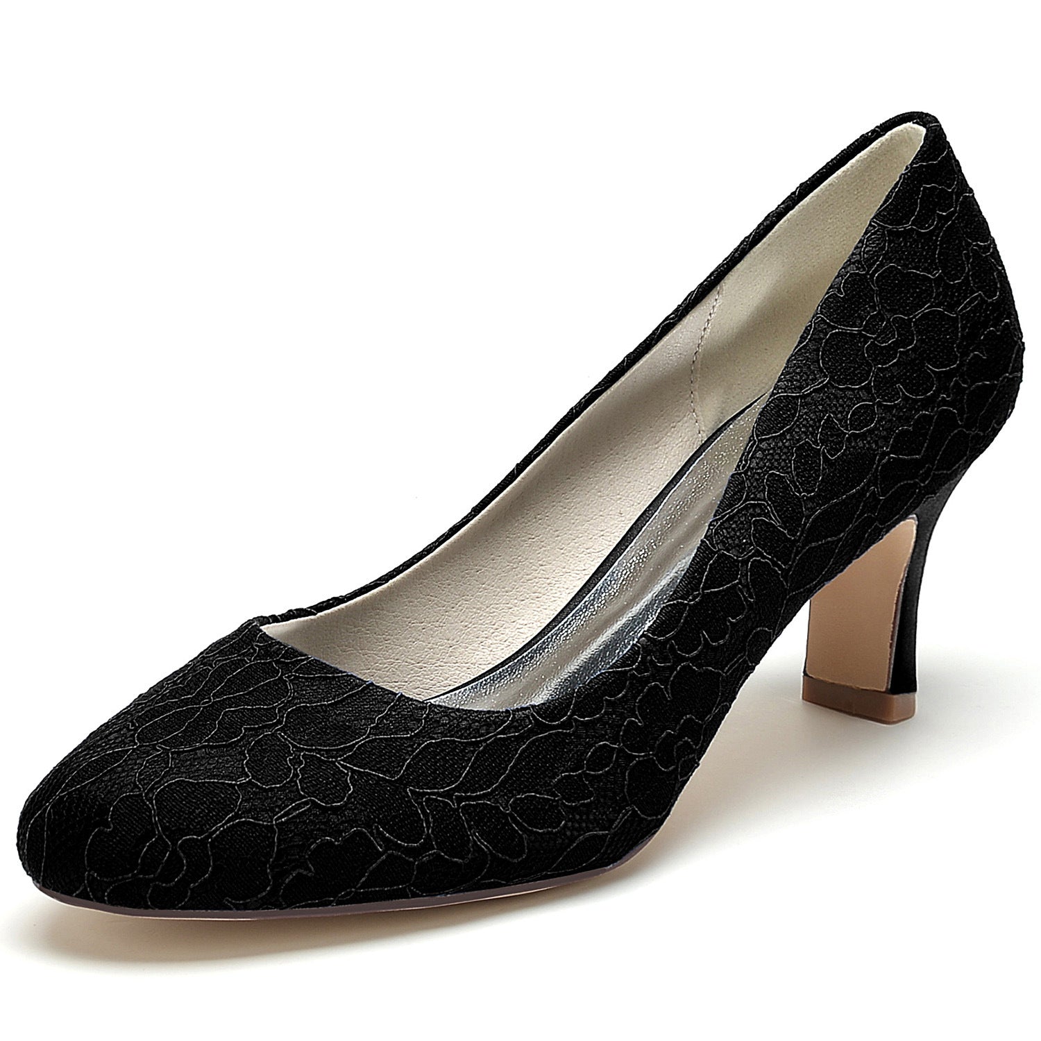Round Toe Lace Floral Mid Heel Pumps