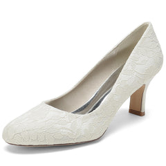 Round Toe Lace Floral Mid Heel Pumps