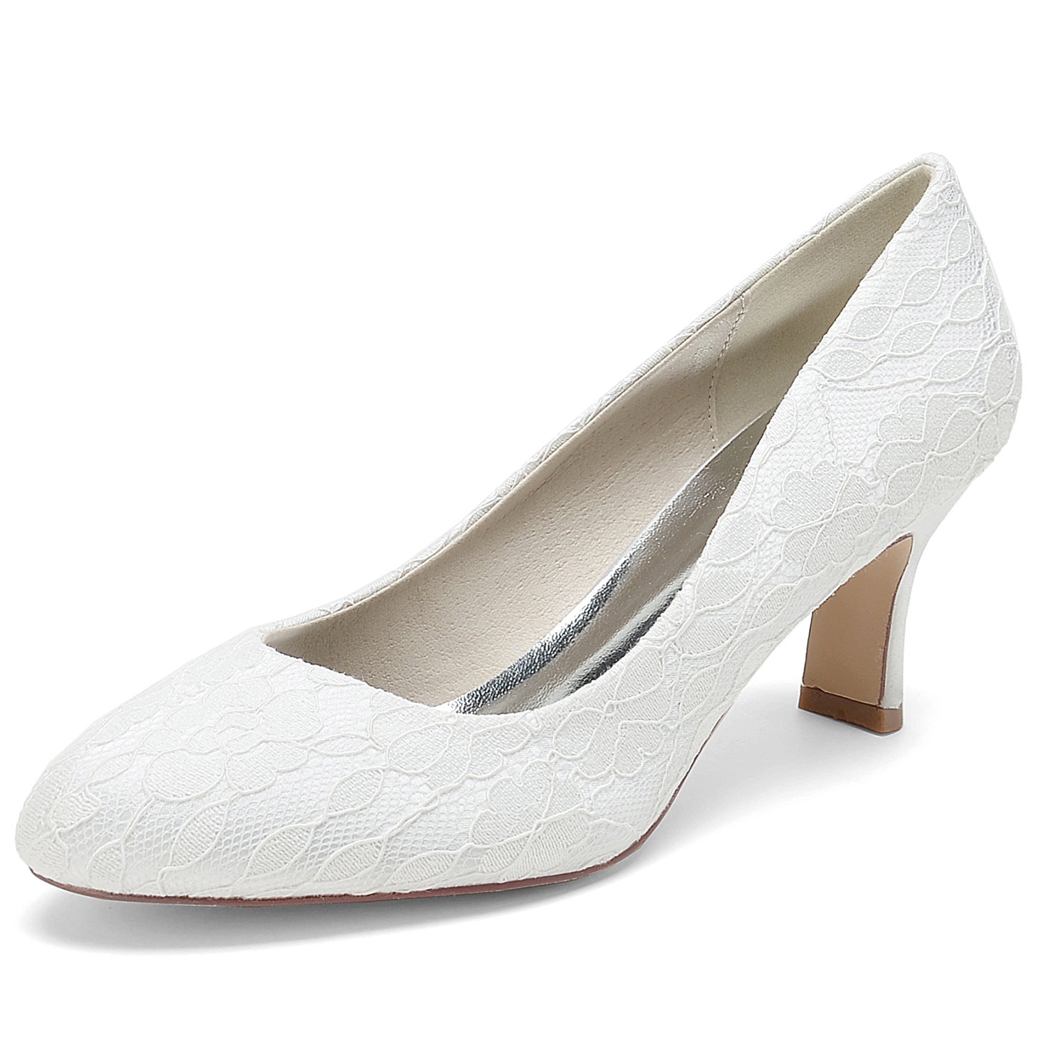 Round Toe Lace Floral Mid Heel Pumps
