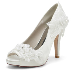 Peep Toe Bridal Heels with Lace Floral Applique