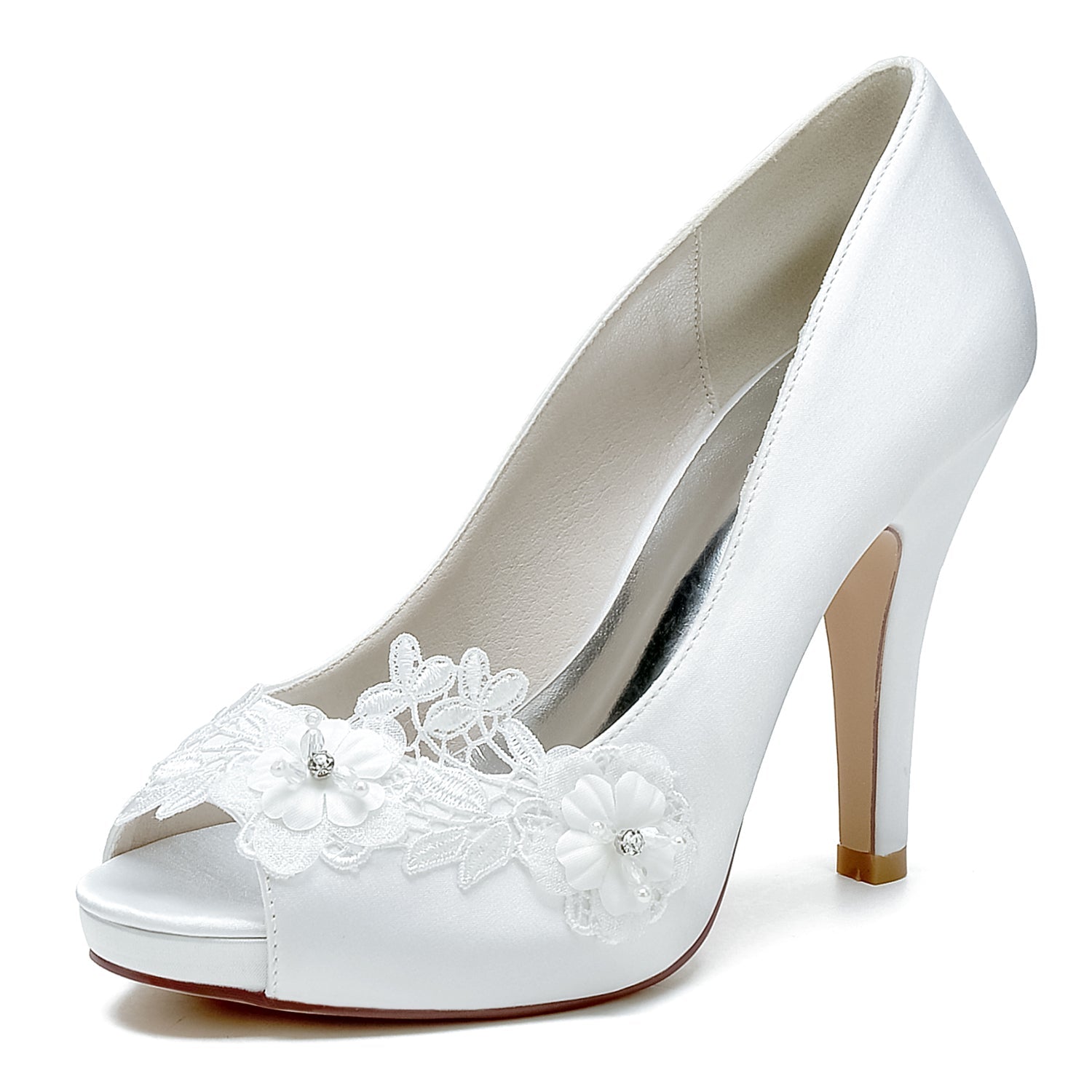 Peep Toe Bridal Heels with Lace Floral Applique