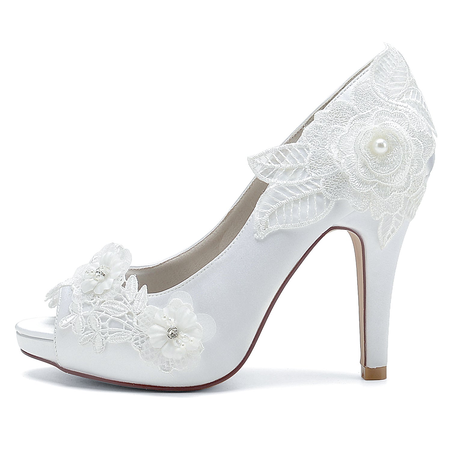 Peep Toe Bridal Heels with Lace Floral Applique