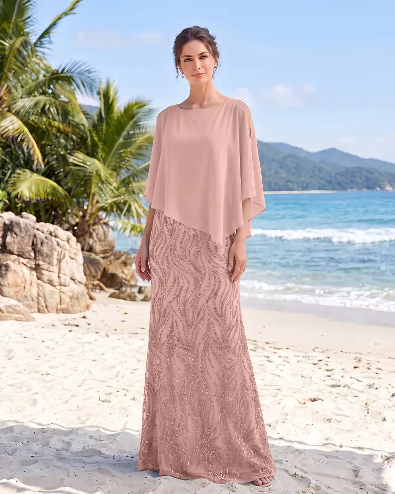 Cold Shoulder Chiffon Cape Mermaid Mother of the Bride Dress