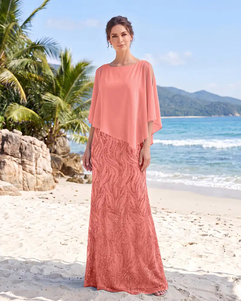 Cold Shoulder Chiffon Cape Mermaid Mother of the Bride Dress