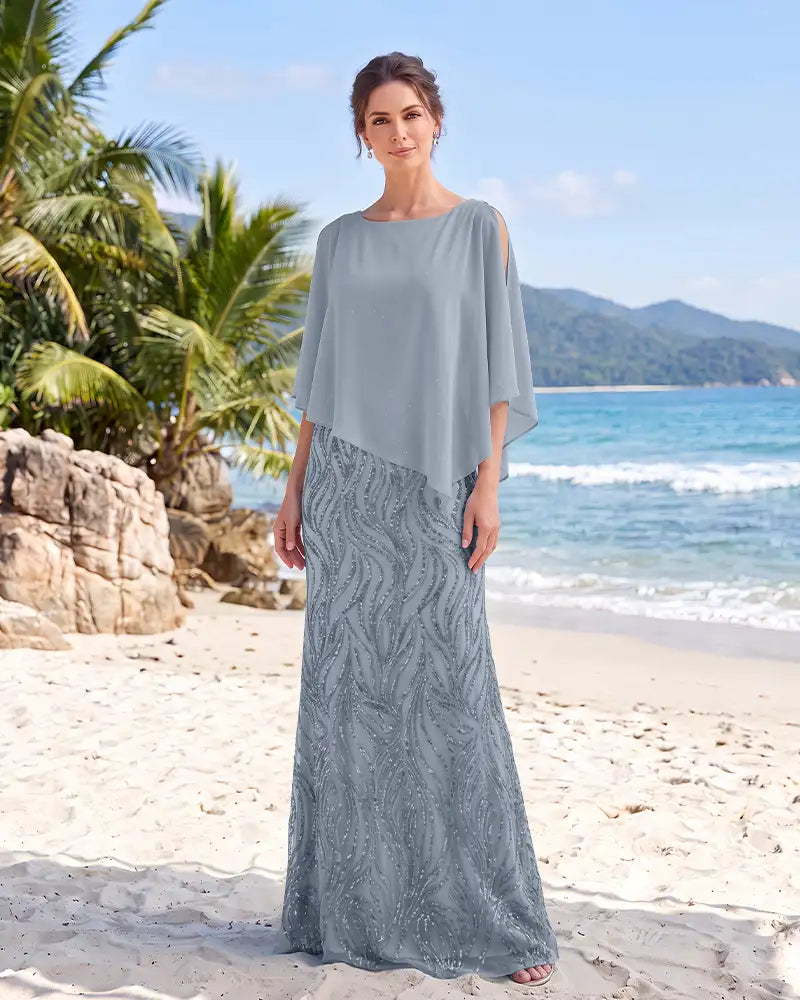 Cold Shoulder Chiffon Cape Mermaid Mother of the Bride Dress