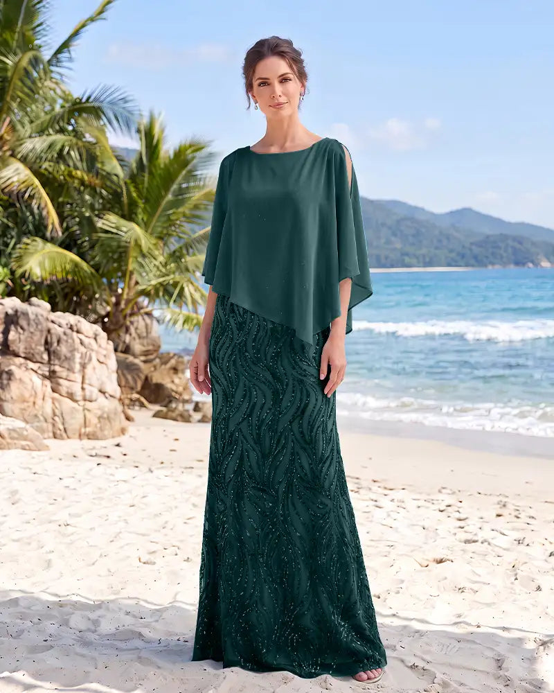 Cold Shoulder Chiffon Cape Mermaid Mother of the Bride Dress